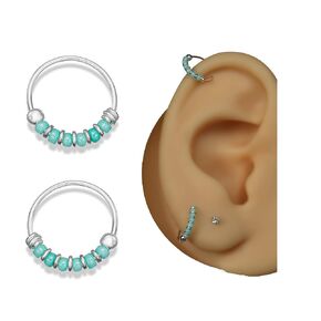 Pair of Very Small 10mm 925 Sterling Silver Light Blue Beaded Hoops for Helix, Cartilage, 2nd Ear Piercing | Handmade Dainty Hoops by MiYa Jewelry Creations