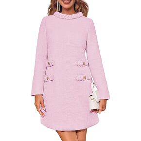 Wenrine Womens Long Sleeve Tweed Dress Work Office Elegant Textured Classy Casual Formal Shift Mini Dress Light Blue