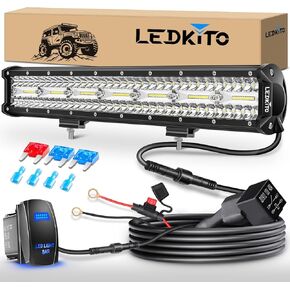 20 Inch LED Light Bar and 4 Inch LED Pods 2PCS Kit with 16AWG 3 Leads Wiring Harness Rocker Switch Off Road Light Bar Triple Row Spot Flood Combo Work Light for Je-ep Pickup UTV Truck Tractor