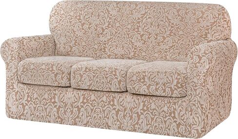 subrtex Sofa Cover 4 Piece Couch Cover Stretch Christmas Sofa Slipcover Jacquard Damask with 3 Separate Seat Cushion Washable Furniture Protector for 3-Seater (Large, Brown) in Saudi Arabia