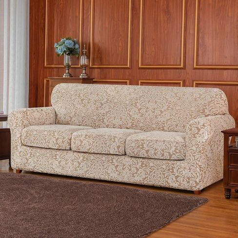 subrtex Sofa Cover 4 Piece Couch Cover Stretch Christmas Sofa Slipcover Jacquard Damask with 3 Separate Seat Cushion Washable Furniture Protector for 3-Seater (Large, Brown) in Saudi Arabia
