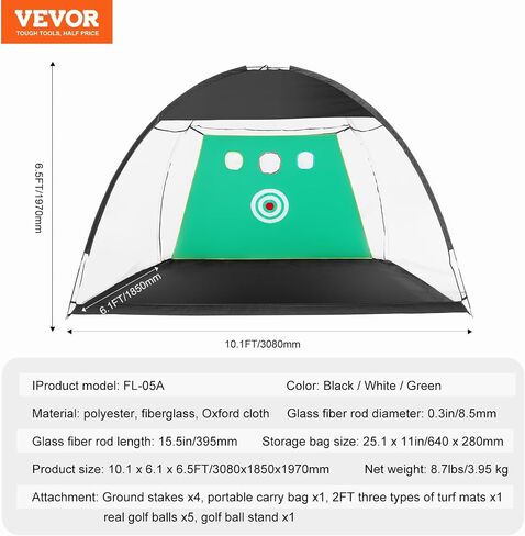 VEVOR Golf Net, 10x7ft Golf Practice Net, Indoor Outdoor Home Golf Swing Training, Golf Hitting Aid Net with Target and Carry Bag, for Backyard Driving Chipping, Gift for Men, Golf Lovers, Sports Game in Saudi Arabia