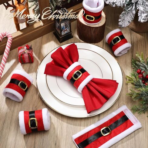 6 قطع من حلقات منديل عيد الميلاد من remerry، حلقات منديل حزام سانتا، حلقات مناديل عيد الميلاد سانتا مع أبازيم حزام سانتا، تصميم لحفلات عيد الميلاد، مجموعة طاولة العشاء، ديكورات المطبخ in Kuwait