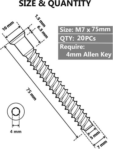 Confirmat Screws, 20 PCS M7 x 50mm, Hex Socket Drive Countersunk Self-Tapping Furniture Connecting Screw Set Carbon Steel Zinc Plated in Saudi Arabia