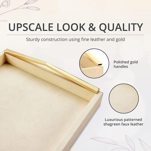 Decorative Ottoman Tray with Gold Handles - Coffee Table Trays for Living Room - Serving Tray - Ivory Cream PU Shagreen Leather in Saudi Arabia