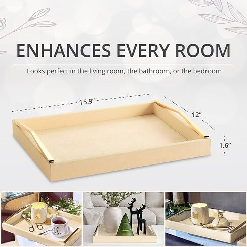 Decorative Ottoman Tray with Gold Handles - Coffee Table Trays for Living Room - Serving Tray - Ivory Cream PU Shagreen Leather in Saudi Arabia