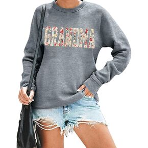 MYHALF Grandma Embroidered Sweatshirts for Women: Grandma Floral Applique Shirts Nana Gifts Casual Crewneck Pullover Tops