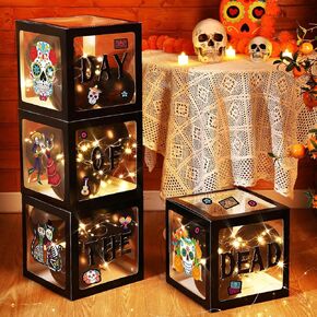 44 Pcs Day of the Dead Decorations Included 4 Pcs Balloon Box with Day of the Dead Letter 25 Pcs Black Balloon 4 Pcs Dia De Los Muertos Cardboard 1 Pcs Skull Sticker 4 Pcs LED String Light