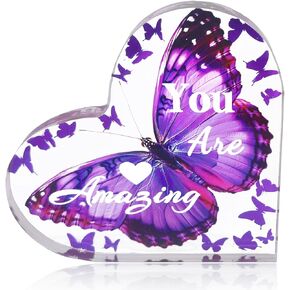 Acrylic Heart Gifts for Women Butterfly Desk Decor Inspirational Engraved Keepsake for Friend Decoration Table Centerpiece Thank You Birthday Present (You are loved- Purple)