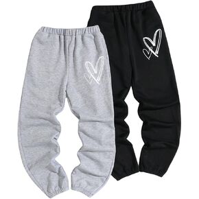 SweatyRocks Girl's 2 Pack Heart Print Sweatpants Elastic High Waist Workout Jogger Pants with Pockets