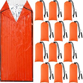 Qunclay 12 Set Emergency Sleeping Bag Survival Bivvy Sack Blanket with Whistles Lightweight Portable Thermal Survival Bag Thick Tent with Hood Extension Nylon Stuff Sack