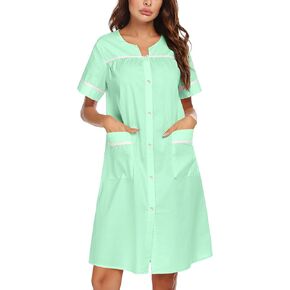 Ekouaer Women's Snap Front Sleepwear Housecoats Cotton Dusters Short Sleeve House Dress with Pockets(SAP,XL)