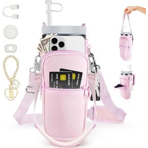 Water Bottle Carrier Bag With Phone Pocket & Straw Cover For Stanley 40 oz Tumbler, Water Bottle Holder With W/ 2 Adjustable Strap for Stanley Cup Accessories(Pink, Letter Charm S)