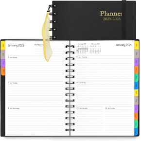 Daily Planner 2024-2025 - 18 Month Planner with Tabs, Calendar Yearly Monthly Weekly Spiral Time Management Planner, July 2024 - December 2025, Flexible Cover, 100GSM Thick Paper, A5 Size, Black