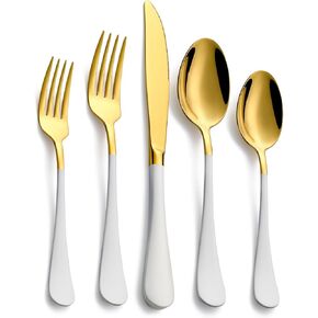 20-Piece Black & Gold Silverware Set, 18/0 Stainless Steel Colorful Handle Flatware Set, Service for 4, Modern Cutlery Set Includes Dinner Knives Forks Spoons, Mirror Polished, Dishwasher Safe