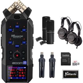 Zoom H6essential 6-Track 32-Bit Float Portable Audio Recorder Bundle with 2-Pack Zoom ZDM-1 Podcast Mic Pack, 32GB Ultra UHS-I microSDHC Memory Card, and Kellards Cleaning Pack