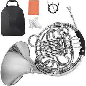 Double French horn, French horn，four keys in F/Bb tuning, selected brass, professional grade French horn detachable design, comes with French Horn Case, gloves, cleaning cloth and cleaning kit(silver)