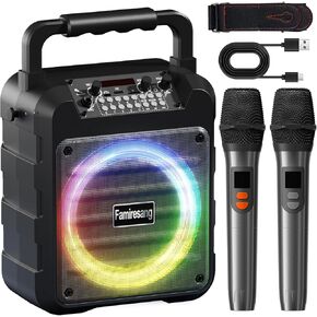 Karaoke Machine for Adults Kids - Portable Bluetooth Karaoke Speaker with Two Wireless Microphones, PA System Speaker Supports TF Card/USB, AUX in, REC, Bass & Treble for Party/Meeting