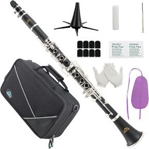 EASTROCK Bb Clarinet 17 Keys ABS Material Wide Range of Tones Particularly Beginner & Students-friendly with Using Tools and 2 Replaceable Barrels (Silver Plated Keys)