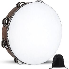 Tambourine, Tambourines for Adults, 10 Inches Wooden Hand Held Percussion Tambourine with Storage Bag, Tambourines Musical Instrument for Church, Wedding, Party, Dance, Photo Shoot