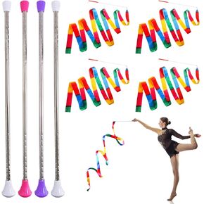 4 Pack Twirling Batons and 4 Piece Colorful Dance Ribbons, 21 Inch Stainless Steel Rhythmic Gymnastics Conducting Batons, Spinning Dance Baton for March Band, Artistic Dancing