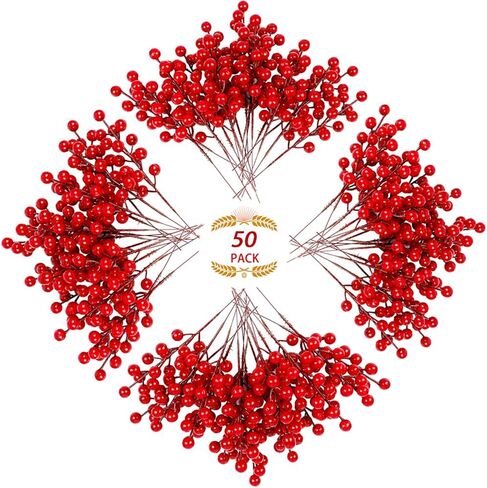 50 Pack Artificial Red Berry Stems, 8 Inch Burgundy Red Berry Picks Holly Berries Branches for Christmas Tree Decorations Crafts for Christmas Wreath in Saudi Arabia