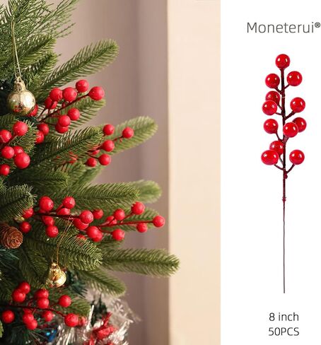 50 Pack Artificial Red Berry Stems, 8 Inch Burgundy Red Berry Picks Holly Berries Branches for Christmas Tree Decorations Crafts for Christmas Wreath in Saudi Arabia