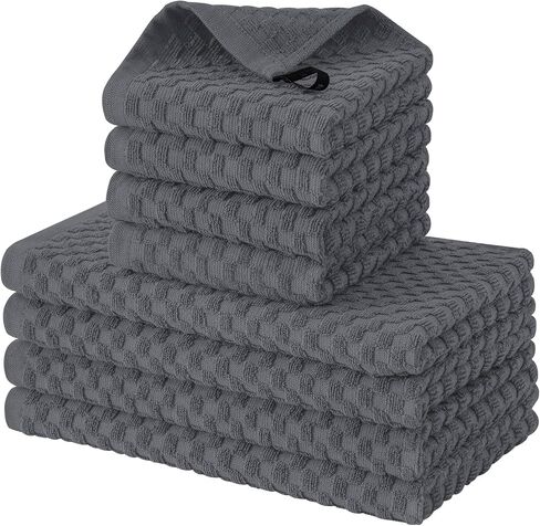 Fintale 100% Cotton Kitchen Towels and Dishcloths Set, 12 x 12 & 15 x 25 Inches, Set of 8 Bulk Super Soft and Absorbent Terry Cloth Dish Towels, Quick Drying Hand Towels with Hanging Loop, Dark Grey in Saudi Arabia