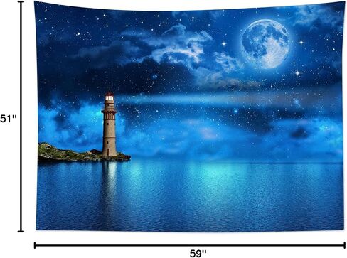 HVEST Moon Night Sky Tapestry Wall Hanging Full Moon and Galaxy Starry Night with Lighthouse over the Ocean Wall Hanging Tapestry Nature Cloud Tapestry for Bedroom Living Room Wall Decor, 60X40 Inches in Saudi Arabia