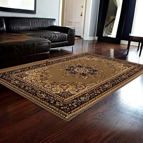 Superior Indoor Large Area Rug with Jute Backing, Floor Decor for Bedroom, Farmhouse, Kitchen, Office, Living Room, Woven Rugs, Elegant Medallion Border, Leopold Collection, 5' x 8', Brown in Saudi Arabia