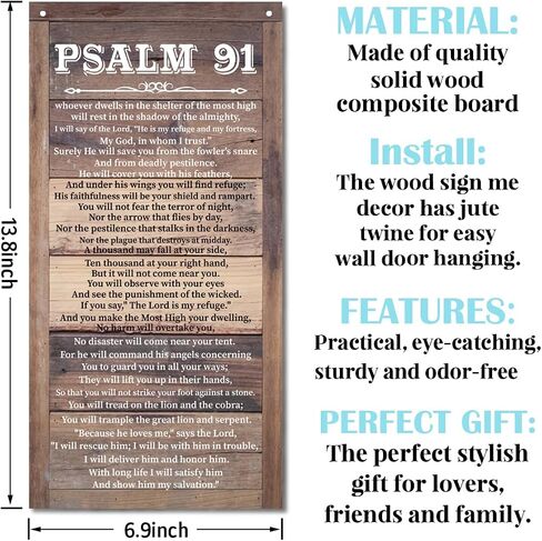 Christian Decor, Psalms 91 Sign, Decorative Wall Plaque, Rustic Door Sign with Hanging Rope, Christian Inspirational Quotes Hanging Sign, Religious Wall Decor, Home Decor Art, Baptism Gift in Kuwait
