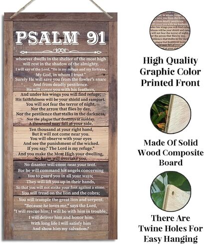 Christian Decor, Psalms 91 Sign, Decorative Wall Plaque, Rustic Door Sign with Hanging Rope, Christian Inspirational Quotes Hanging Sign, Religious Wall Decor, Home Decor Art, Baptism Gift in Kuwait