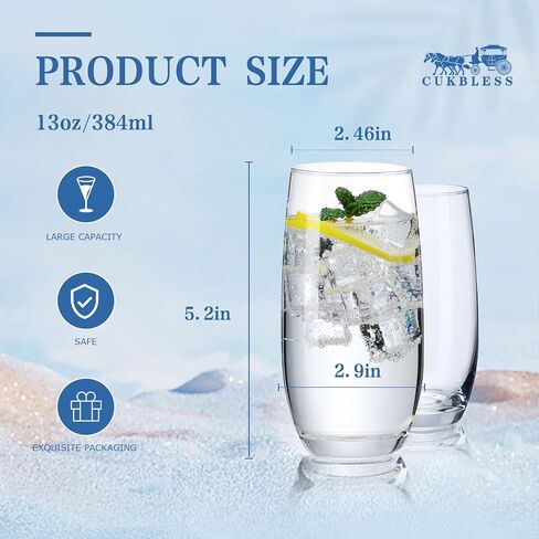CUKBLESS Drinking Glasses Set of 6, Crystal Highball Water Glasses, Glass Cups for Water, Juice, Beverage, Mojito, Mixed Drinks, Cocktail Glass Set-15 Oz in Saudi Arabia