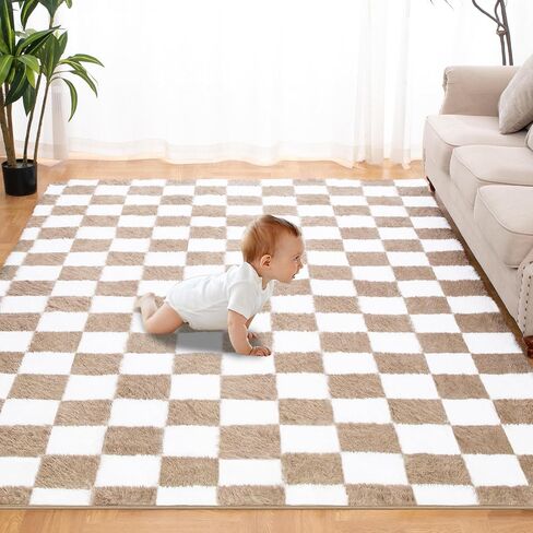 Super Soft Rug for Bedroom, 4x6 Ft Pink and White Area Rug Classic Checkered Shaggy Rug Anti-Skid High Pile Soft Fluffy Rug Fuzzy Carpet for Living Room Bedroom Kids Room Nursery, Dorm Home Decor in Saudi Arabia