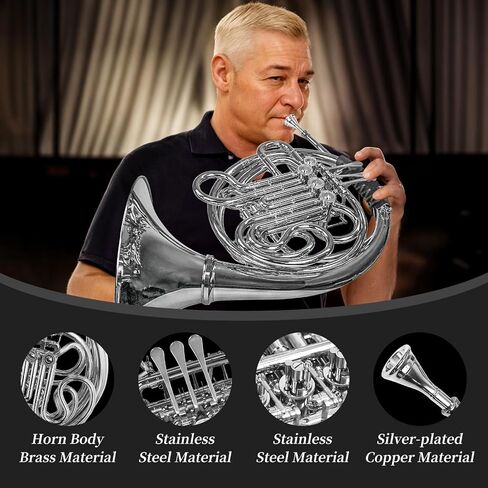 Double French horn, French horn，four keys in F/Bb tuning, selected brass, professional grade French horn detachable design, comes with French Horn Case, gloves, cleaning cloth and cleaning kit(silver) in Saudi Arabia