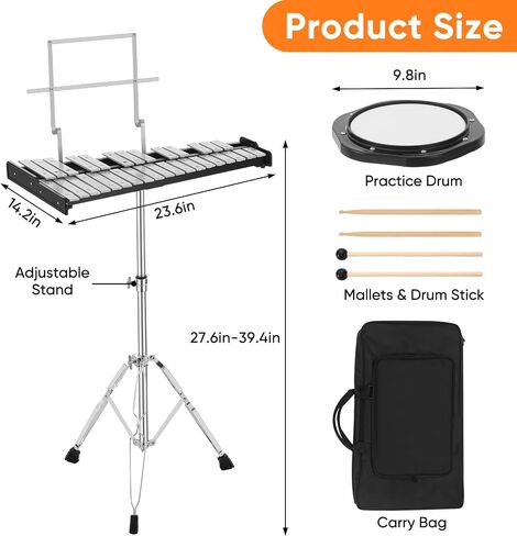 32 Notes Glockenspiel with Adjustable Height Stand,Practice Pad, Aluminum Xylophone for Adult,Glockenspiels Xylophone Bell Kit,Xylophones Instrument Kit with Music Stand,Mallets and Carrying Bag in Saudi Arabia