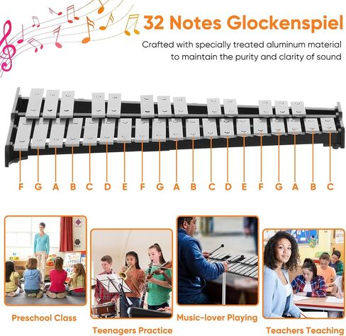 32 Notes Glockenspiel with Adjustable Height Stand,Practice Pad, Aluminum Xylophone for Adult,Glockenspiels Xylophone Bell Kit,Xylophones Instrument Kit with Music Stand,Mallets and Carrying Bag in Saudi Arabia