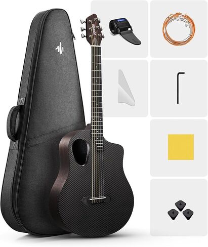 Donner 38" Carbon X Wood Acoustic Guitar Beginner & Intermediate Learner Kits - Carbon Fiber Top, Wooden Bowl, Durable Solid Acustica Guitarra with Case, Strap, Steel-String RISING-G1(Satin, Black) in Saudi Arabia