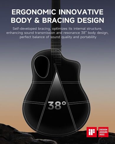 Donner 38" Carbon X Wood Acoustic Guitar Beginner & Intermediate Learner Kits - Carbon Fiber Top, Wooden Bowl, Durable Solid Acustica Guitarra with Case, Strap, Steel-String RISING-G1(Satin, Black) in Saudi Arabia