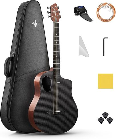 Donner 38" Carbon X Wood Acoustic Guitar Beginner & Intermediate Learner Kits - Carbon Fiber Top, Wooden Bowl, Durable Solid Acustica Guitarra with Case, Strap, Steel-String RISING-G1(Satin, Black) in Saudi Arabia