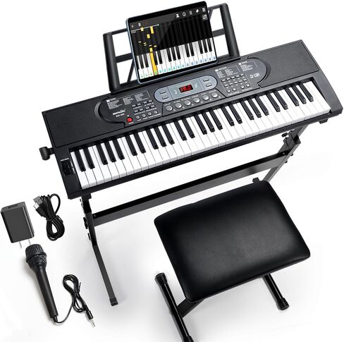 Rengue 61 Keys Keyboard Piano, Electric Digital Piano Set for Beginners, Learning Piano with Light-Up Keys, Speakers, Microphone, Stand, Foldable Bench, Sheet Music Stand and Keyboard Sticker in Saudi Arabia