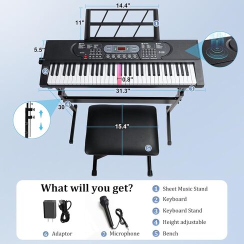 Rengue 61 Keys Keyboard Piano, Electric Digital Piano Set for Beginners, Learning Piano with Light-Up Keys, Speakers, Microphone, Stand, Foldable Bench, Sheet Music Stand and Keyboard Sticker in Saudi Arabia