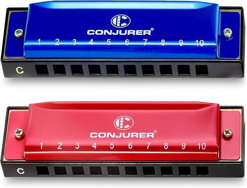 CONJURER Blues Harmonica (2pcs), Diatonic Set Key of C, Brass Reeds, Blue & Red, Modern Style, Polished Finish, Case Included in Kuwait