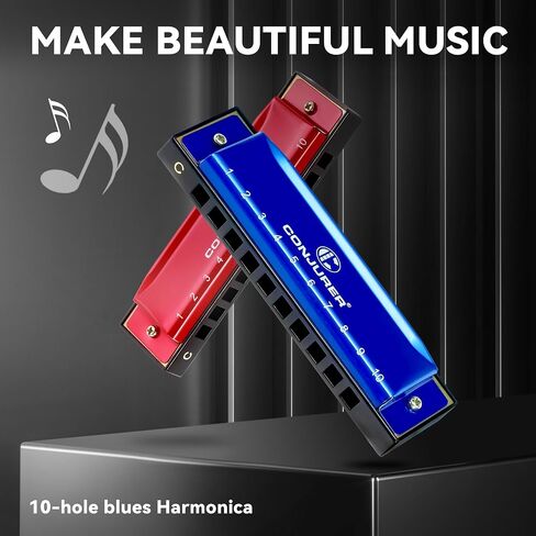 CONJURER Blues Harmonica (2pcs), Diatonic Set Key of C, Brass Reeds, Blue & Red, Modern Style, Polished Finish, Case Included in Kuwait