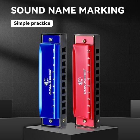 CONJURER Blues Harmonica (2pcs), Diatonic Set Key of C, Brass Reeds, Blue & Red, Modern Style, Polished Finish, Case Included in Kuwait