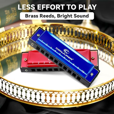 CONJURER Blues Harmonica (2pcs), Diatonic Set Key of C, Brass Reeds, Blue & Red, Modern Style, Polished Finish, Case Included in Kuwait