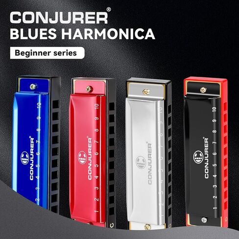 CONJURER Blues Harmonica (2pcs), Diatonic Set Key of C, Brass Reeds, Blue & Red, Modern Style, Polished Finish, Case Included in Kuwait