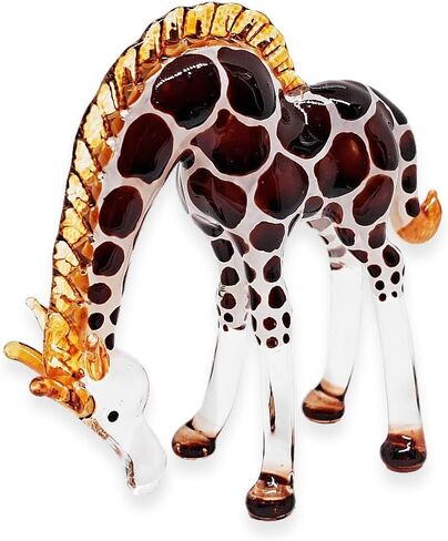 ChangThai Design Tiny 4" Head Down Orange Giraffe Figurine - Miniature Hand Blown Painted Glass Giraffes Savanna Tropical Wildlife Long Neck Animals Crystal Decorative Collectible Figurines Décor Gift in Kuwait