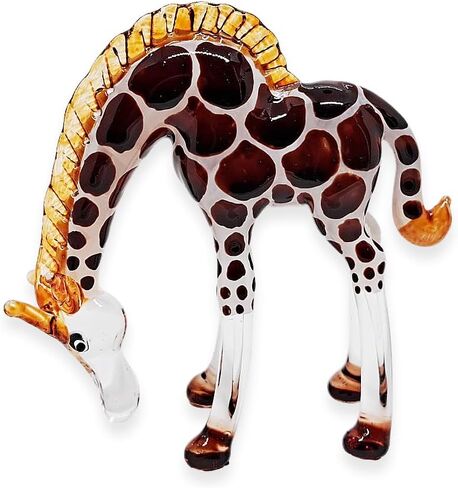 ChangThai Design Tiny 4" Head Down Orange Giraffe Figurine - Miniature Hand Blown Painted Glass Giraffes Savanna Tropical Wildlife Long Neck Animals Crystal Decorative Collectible Figurines Décor Gift in Kuwait