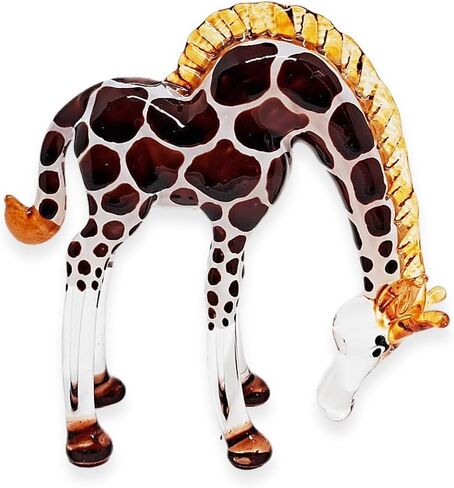 ChangThai Design Tiny 4" Head Down Orange Giraffe Figurine - Miniature Hand Blown Painted Glass Giraffes Savanna Tropical Wildlife Long Neck Animals Crystal Decorative Collectible Figurines Décor Gift in Kuwait